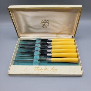 Vtg MCM Washington Forge Steak Knife Set Bakelite Yellow Handles Original Box